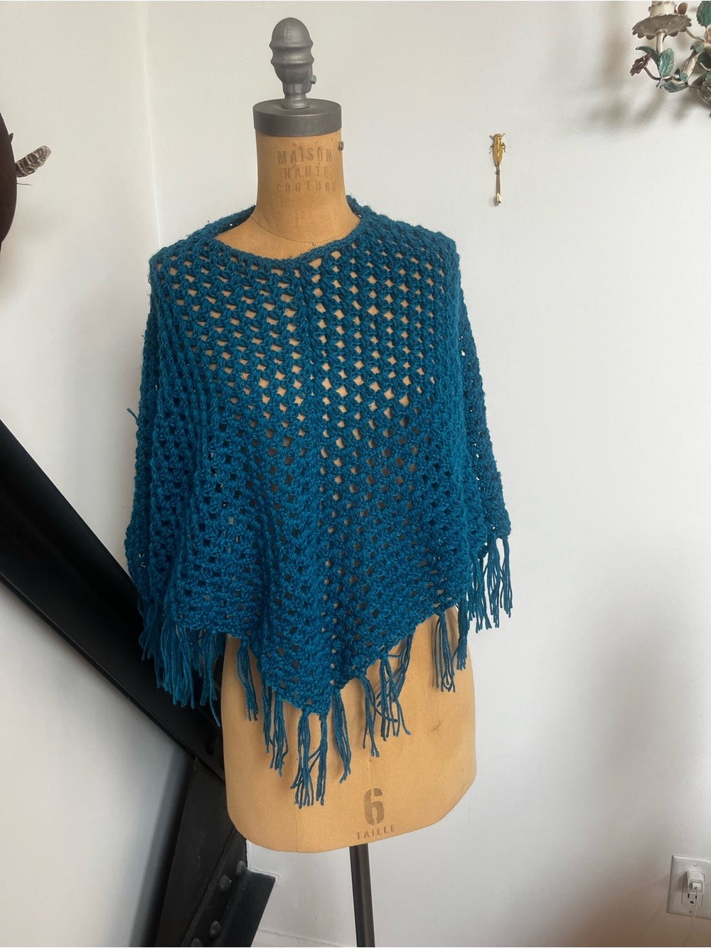 Teal Open-Knit Fringe Poncho Sweater - Women